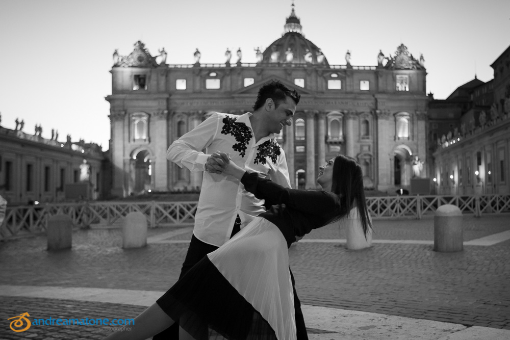Romantic and in love. Couple dancing at the Vatican in Black and White image.