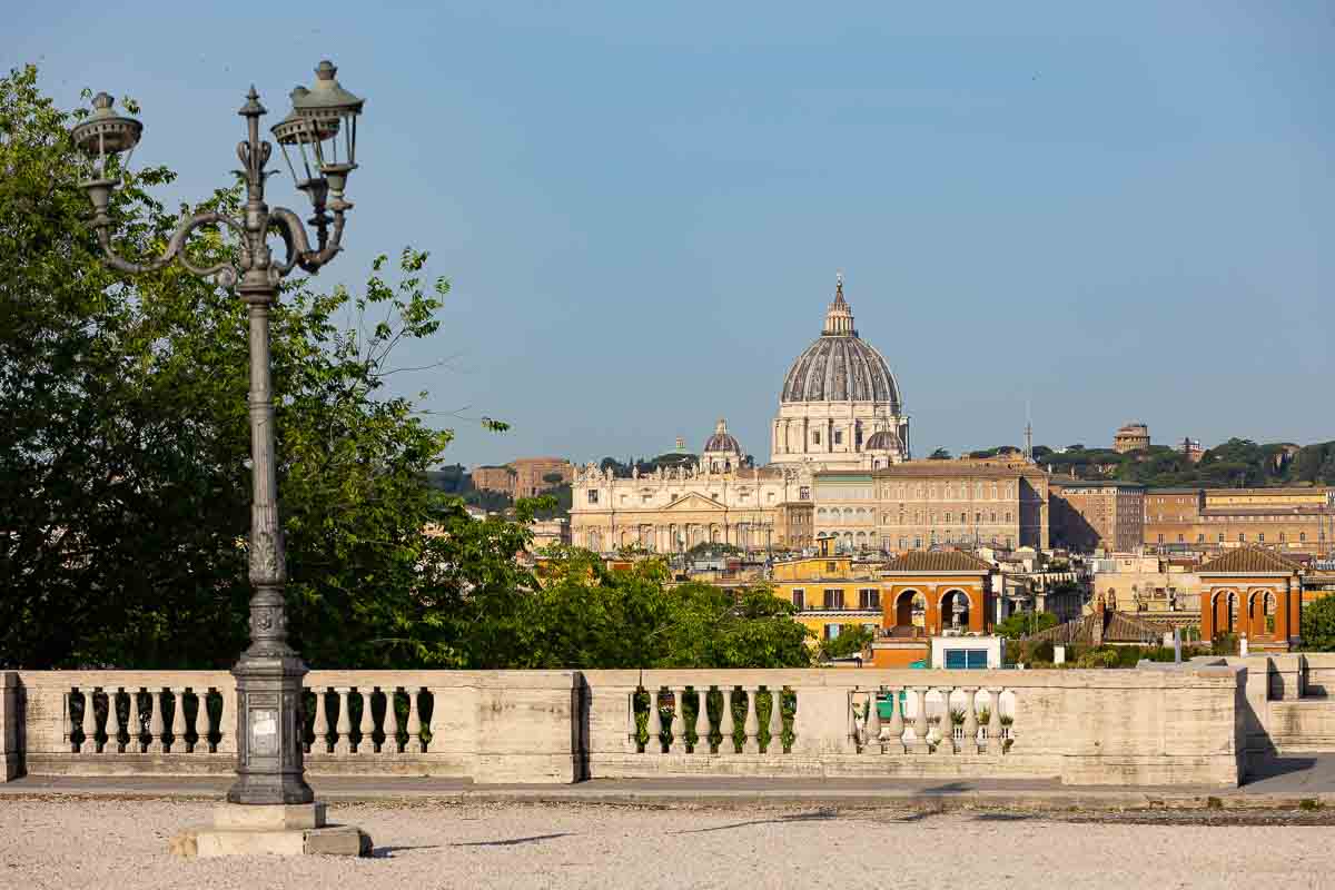 The view of Saint Peter's cathedral from the pincio terrace outlook in the early morning. Marriage Proposal location idea in Rome