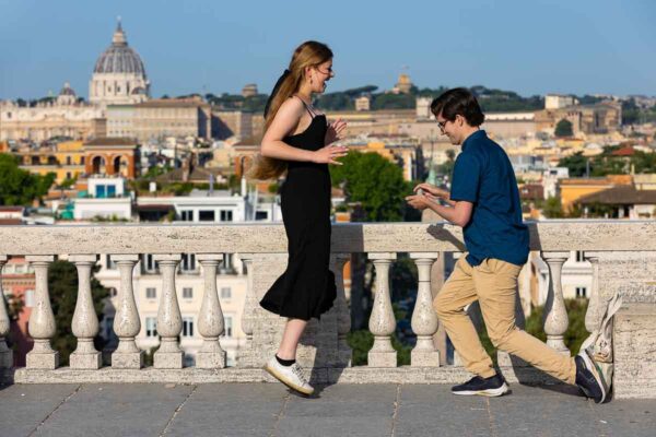 Moment of joy and happiness after asking the Big question in Rome. Marriage proposal