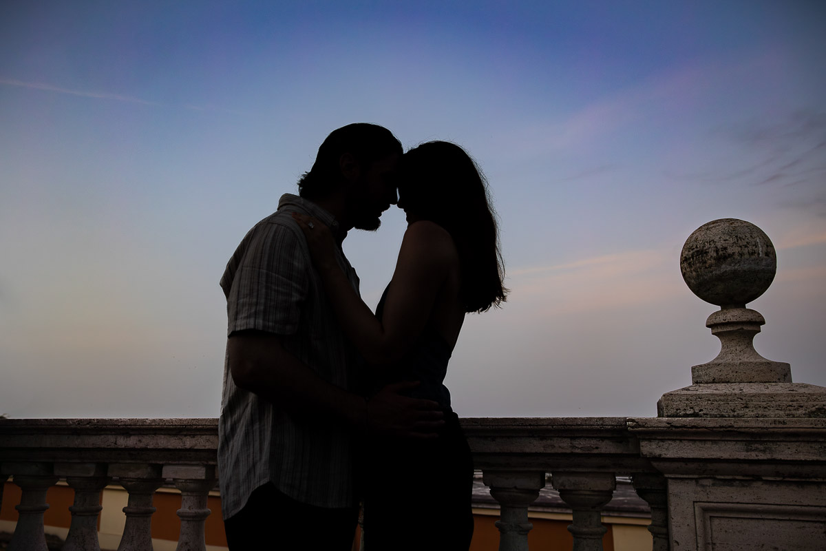 Silhouette picture taken ad dusk towards the end of the Rome photoshoot after a beautiful and romantic Janiculum Terrace proposal