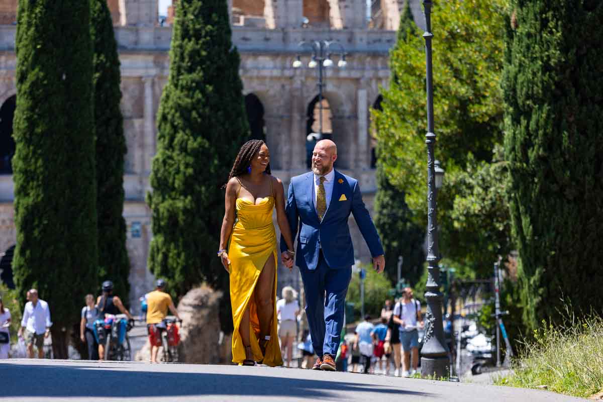 Walking together in Rome Italy during a couple photoshoot 