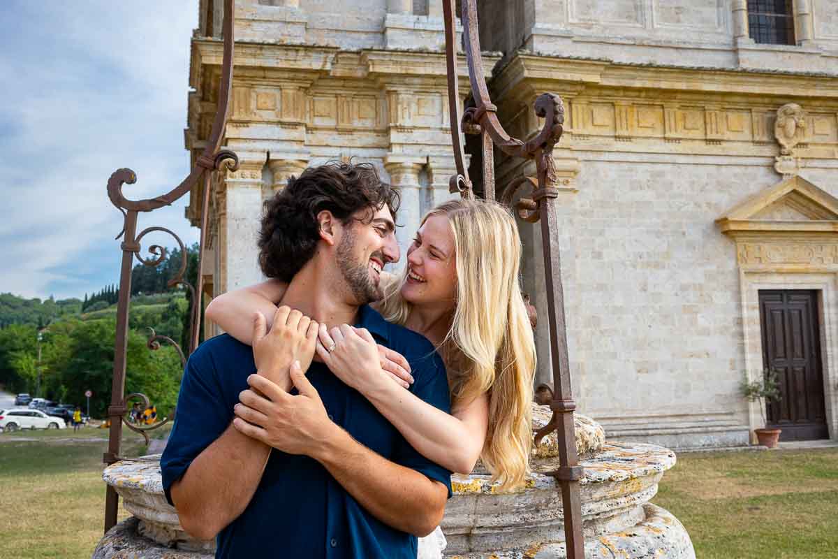 Couple close up snapshot while embracing for and engagement photography session at the San Biagio Church 