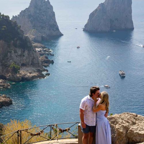 Couple just engaged in the island of Capri taking engagement pictures