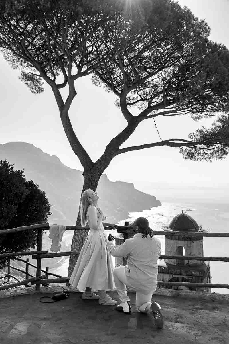 Ravello Proposal Photographer session in b&w with the Amalfi coast in the background 