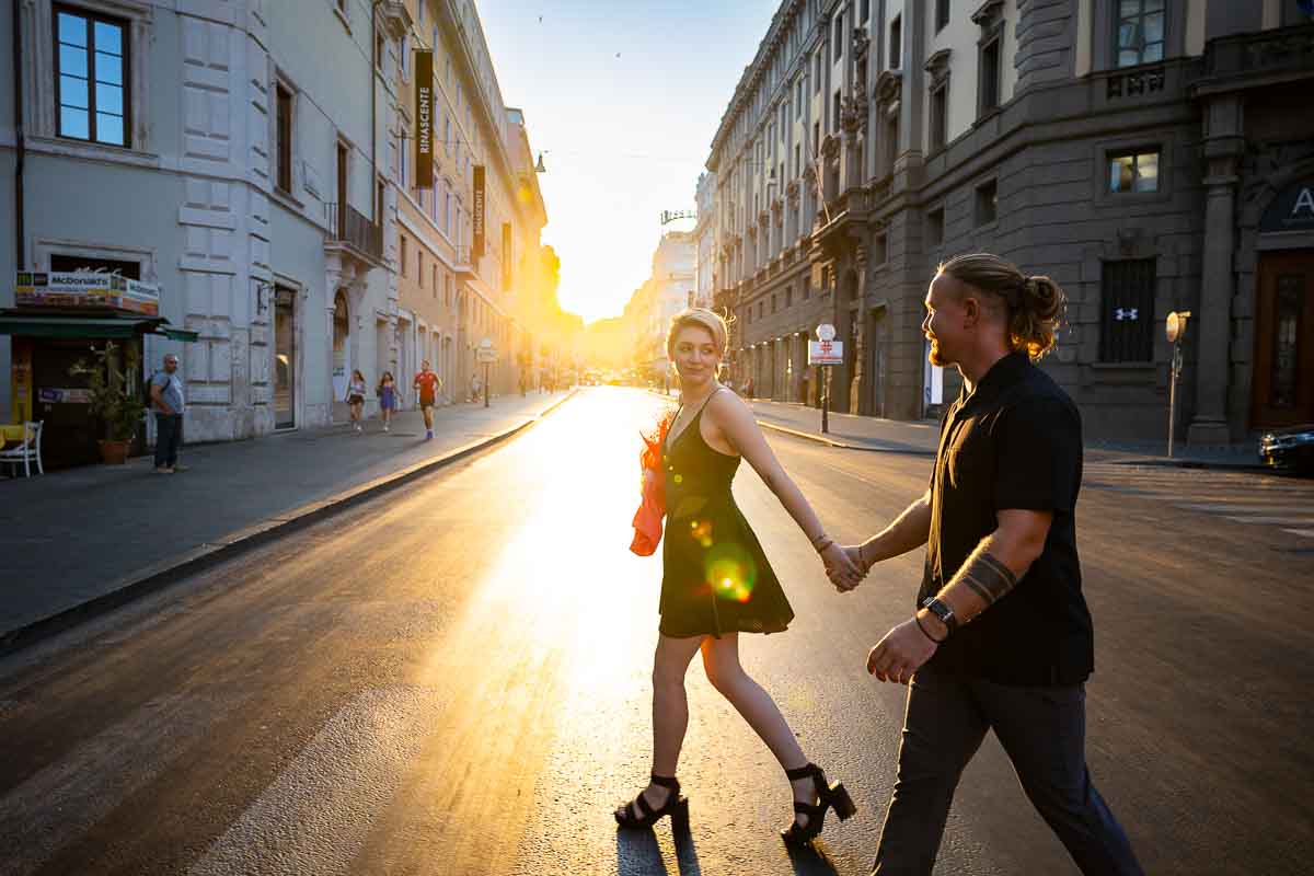 Walking in Rome at dawn on an empty street after a Trevi Surprise Wedding Proposal 