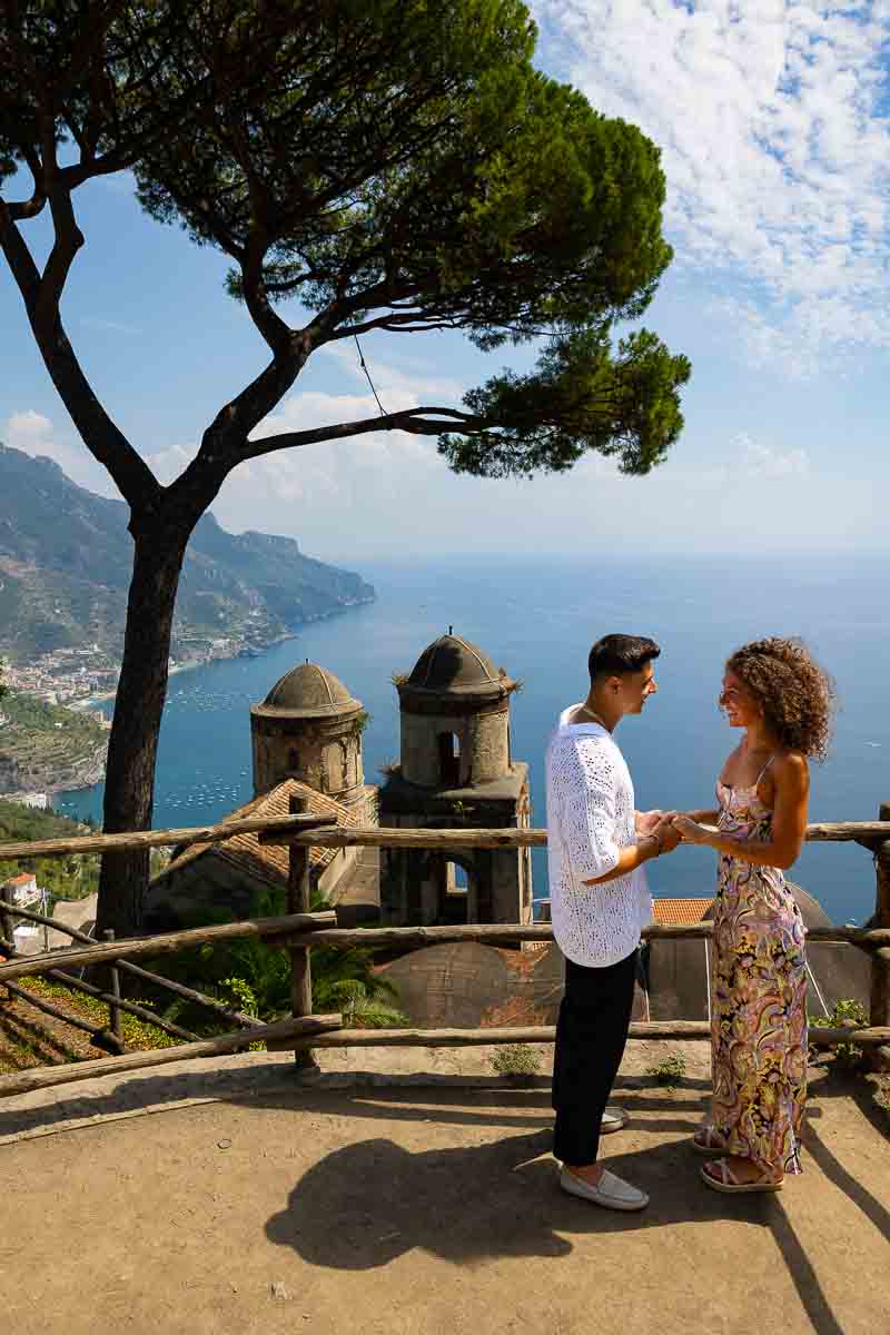 Proposing marriage in Ravello Italy out on the beautiful Villa Rufolo estate