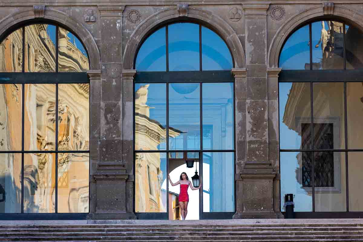 Artistic photography standing under a glass doorway