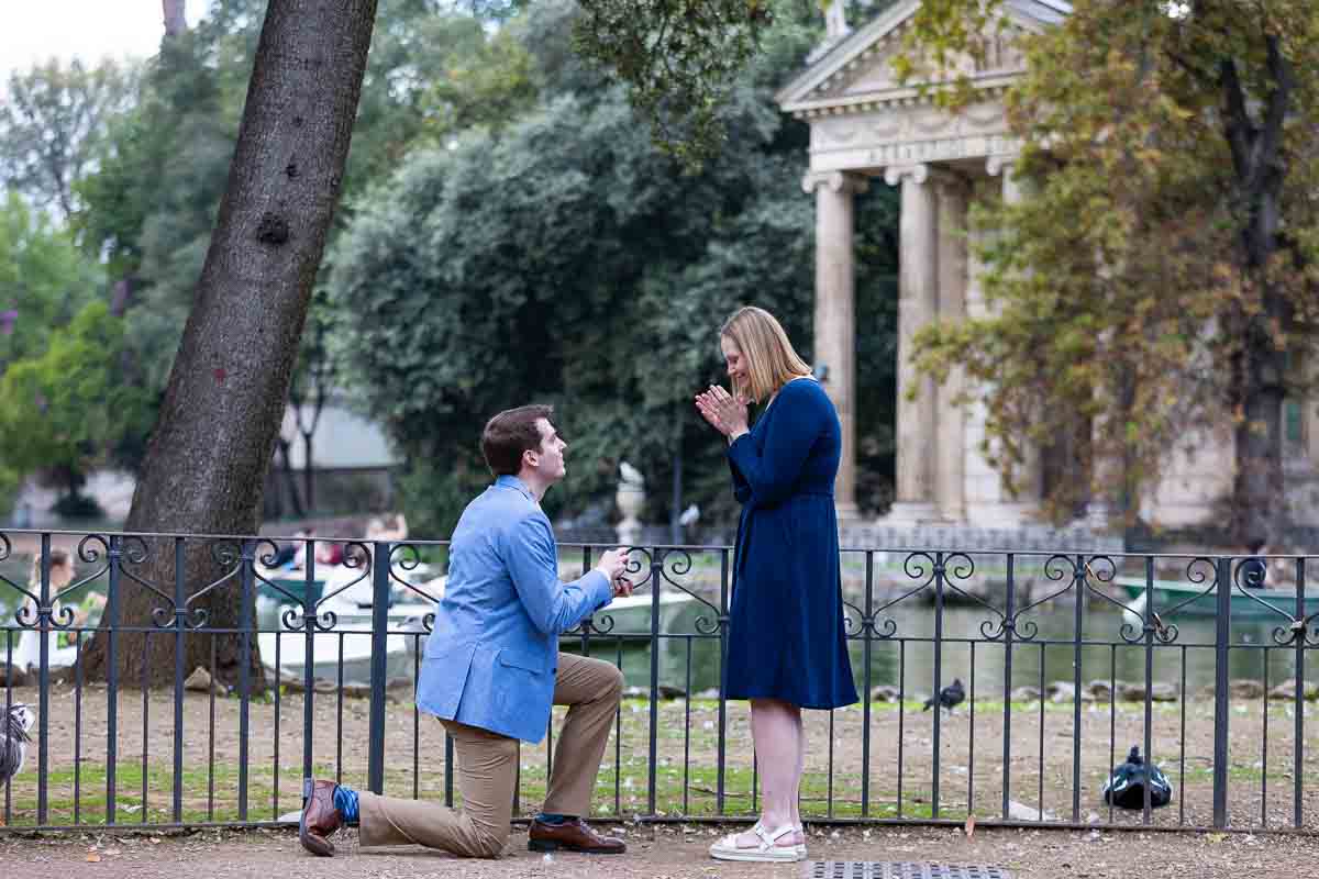 Villa Borghese lakeside Rome proposal in front of temple of Aesculapius 