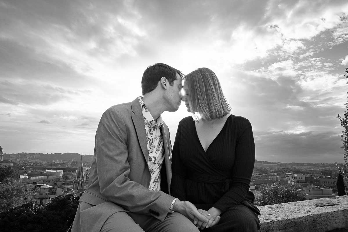 BW photos of a couple during an engagement photo shoot in Rome