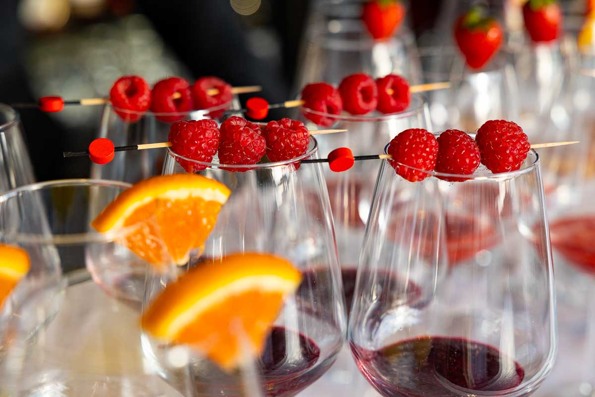 Close up image of the fruit drinks cocktails for the wedding reception