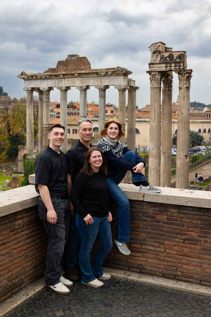 Group family pictures snapped at the Roman Forum in Rome Italy during a family photography session in Rome 