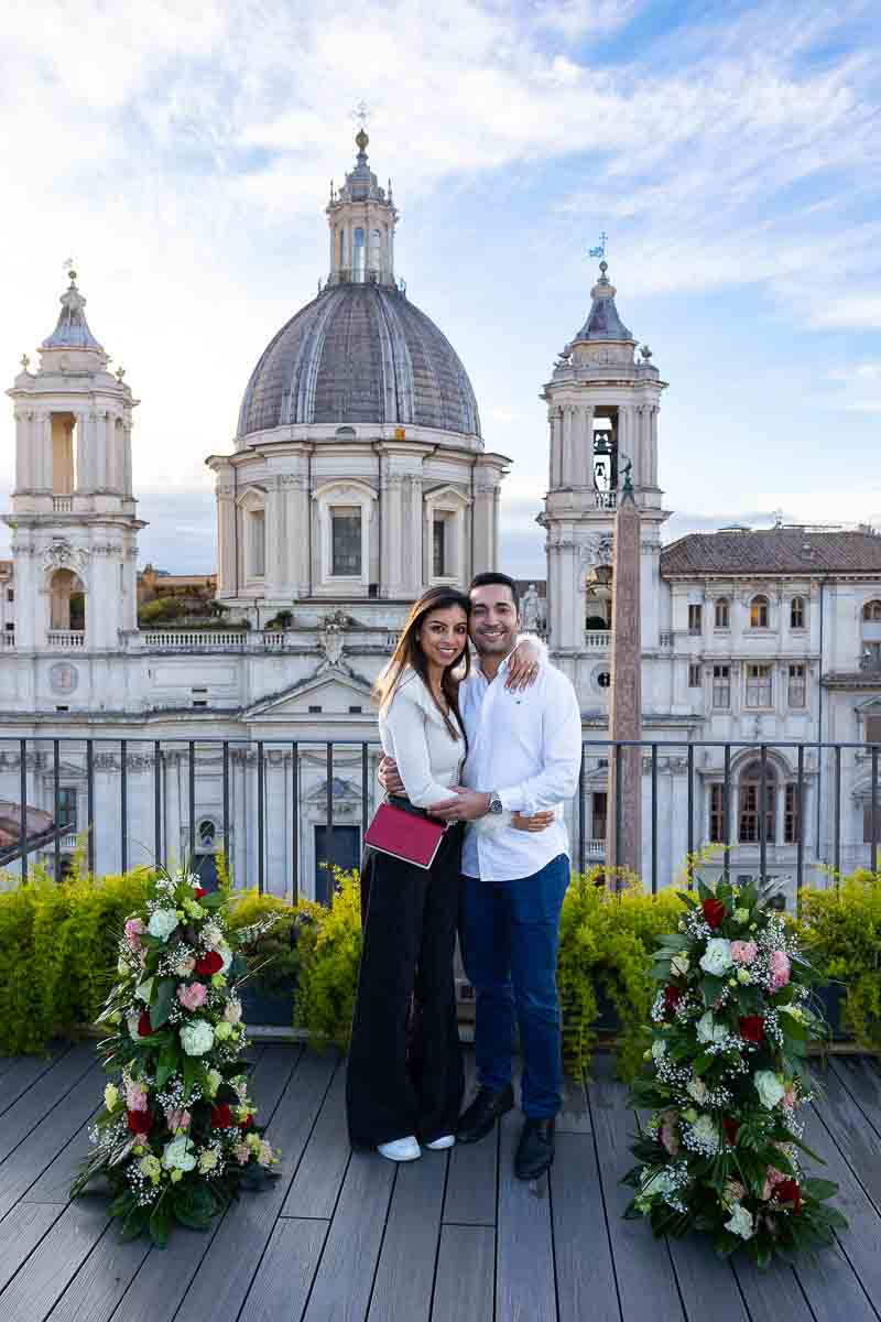 Portrait picture framed before the church facade on a beautiful ornamental private terrace 