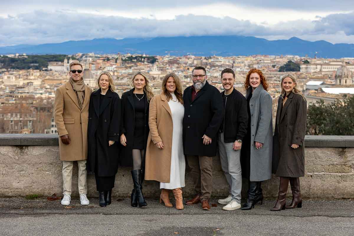 Extended family pictures in Rome Italy overlooking the city of Rome from the above Janiculum hill also called Gianicolo