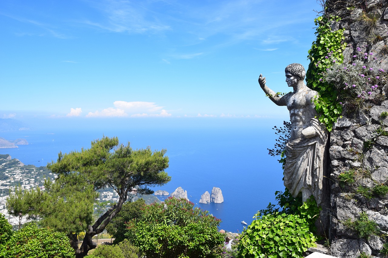 Monte Solaro coast view. Seascape with a roman statue